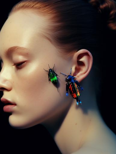 a close up shot of a female caucasian model's ear, she has 4 colorful small iridescent beetles on her face and hair, studio environment, black background, photographed by paolo roversi, kodak porta 800 film --ar 3:4 --style raw