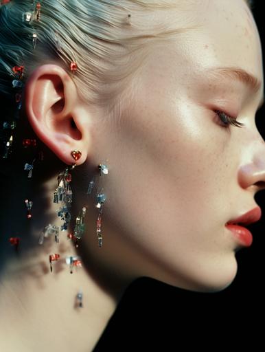 a close up shot of a female caucasian model's ear with colorful iridescent bugs on her face and hair, studio environment, black background, photographed by paolo roversi, highly detailed, kodak porta 800 film --ar 3:4 --style raw
