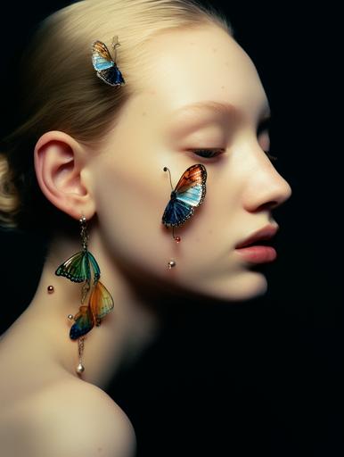a close up shot of a female caucasian model's ear with iridescent bugs on her face and hair, studio environment, black background, photographed by paolo roversi, kodak porta 800 film --style raw --ar 3:4