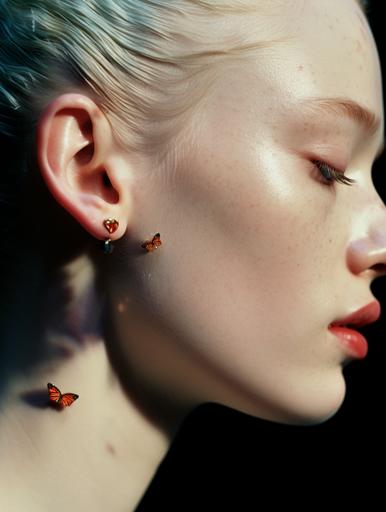 a close up shot of a female caucasian model's ear with colorful iridescent bugs on her face and hair, studio environment, black background, photographed by paolo roversi, highly detailed, kodak porta 800 film --style raw --ar 3:4