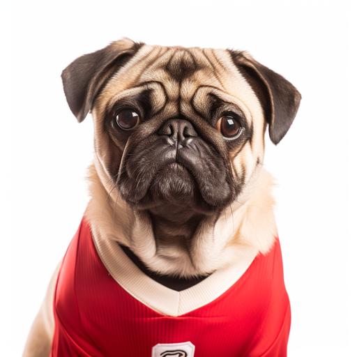 a close up view of a pug dressed as a Liverpool Football Club soccer player with red and white shirt against a white background --v 5.0