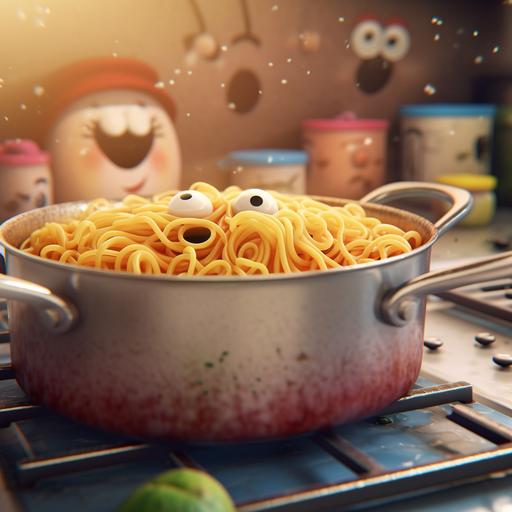 a close-up zoom shot of a pot boiling in a kitchen. In the pan there is pasta but there are cartoons those pasta have eyes, mouths and arms. They are leaning on the edge of the pan as if it were a jacuzzi and are relaxing with steam.