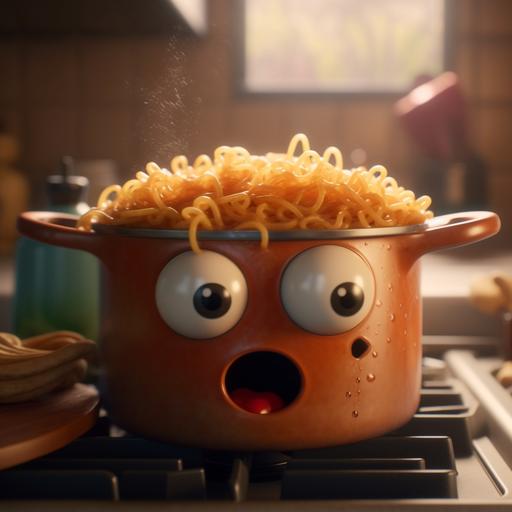 a close-up zoom shot of a pot boiling in a kitchen. In the pan there is pasta but there are cartoons those pasta have eyes, mouths and arms. They are leaning on the edge of the pan as if it were a jacuzzi and are relaxing with steam.