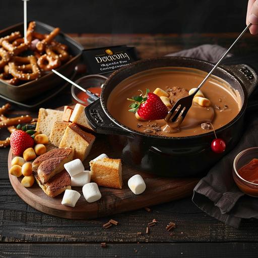 a closer in commerical food photo of melted milk chocolate in a fondue pot, a strawberry being dipped in with a fondue fork, 45 degree angle, 100mm lens, wooden board with cubed bread, pretzels, and marshmallows, on a dark wooden table, shallow depth of field, boka