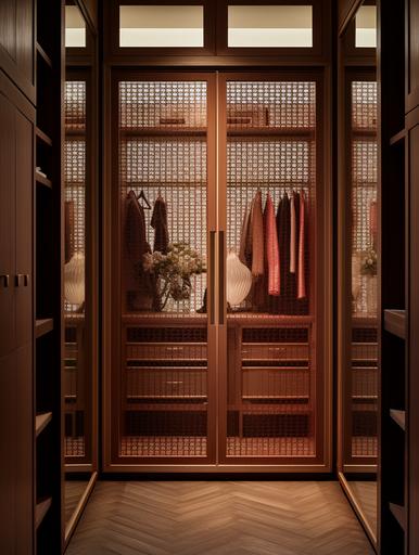 a closet that has mirrors and is wooden, in the style of subtle surface decoration, xiaofei yue, light maroon and brown, dotted, thick texture, use of screen tones, dansaekhwa --ar 3:4