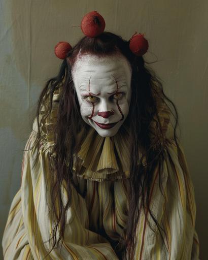 a clown with long hair wearing fake make up, in the style of tim walker, janet delaney, hiroshi sugimoto, light yellow and dark red, manticore, eye-catching --ar 51:64 --v 6.0