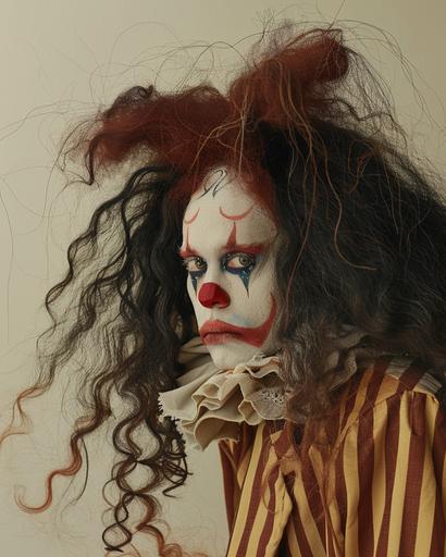 a clown with long hair wearing fake make up, in the style of tim walker, janet delaney, hiroshi sugimoto, light yellow and dark red, manticore, eye-catching --ar 51:64