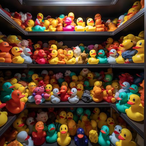 a cluttered closet with a great variety of colored rubber duckies