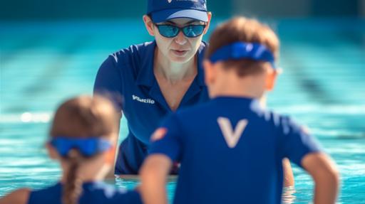 a coach wearing blue with logo V, coaching two kids with blue swimming suit, --ar 16:9 --s 750 --v 5 --q 2