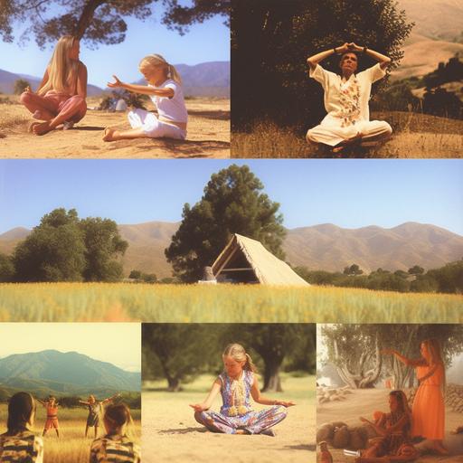 a collage of a 1980s style advertisement for a summer camp in santa ynez California, yet this summer camp is all about kundalini, qi gong, and sound healing. No words, just images