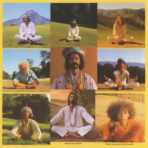 a collage of a 1980s style advertisement for a summer camp in santa ynez California, yet this summer camp is all about kundalini, qi gong, and sound healing. No words, just images