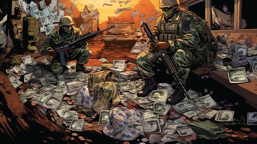 a collage of piles of cash, bottles of vitamins, military weapons and mobs of people crossing the border. the style is that of a graphic novel. --ar 16:9