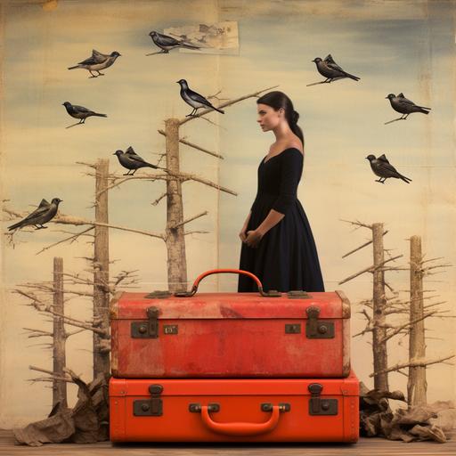 a collage photograph of a brown old suitcase, birds, a woman with a log black hair with a long red dress, in the style of old polaroid