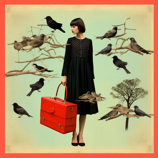 a collage photograph of a brown old suitcase, birds, a woman with a log black hair with a long red dress, in the style of old polaroid