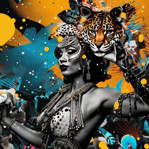 a collage that has a realistic carnival dancer in black and white, a cartoon jaguar in color, drinks, fether head piece, and other caribean carnival elements.
