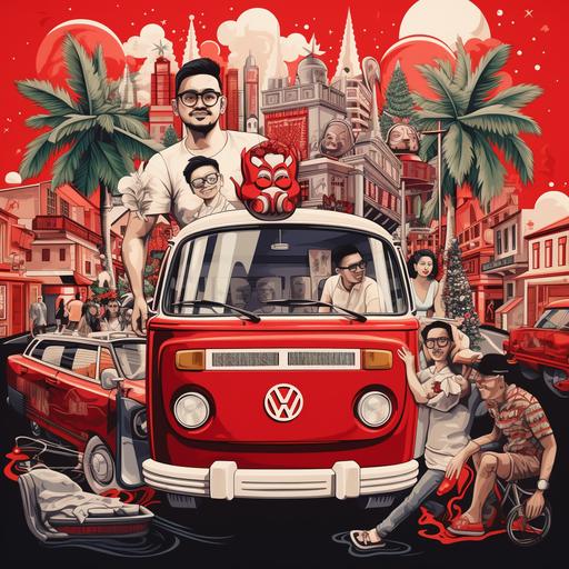 a collage that includes a red and white VW combi-van, a friendly rhino's face, cartoon style asians and europeans, a Singapore shophouse, Christmas trees, and sunglasses.