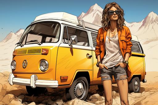 a color sketch of a female photomodel in front of a hippie bus, hippie style, summer clothing, architectural sketch style, ink, finely hatched details, yellowish paper, full body view, brochure sketch --ar 3:2 --s 750