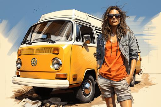 a color sketch of a female photomodel in front of a hippie bus, hippie style, summer clothing, architectural sketch style, ink, finely hatched details, yellowish paper, full body view, brochure sketch --ar 3:2 --s 750