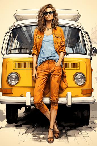 a color sketch of a female photomodel in front of a hippie bus, hippie style, summer clothing, architectural sketch style, ink, finely hatched details, yellowish paper, full body view, brochure sketch --ar 2:3 --s 750
