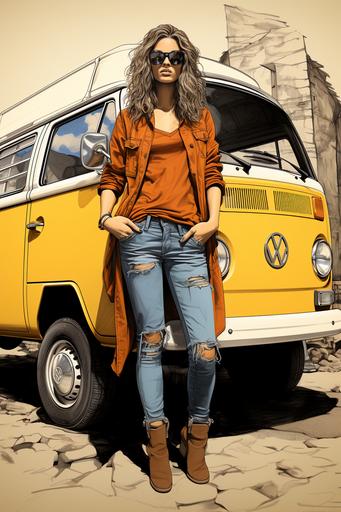 a color sketch of a female photomodel in front of a hippie bus, hippie style, summer clothing, architectural sketch style, ink, finely hatched details, yellowish paper, full body view, brochure sketch --ar 2:3 --s 750