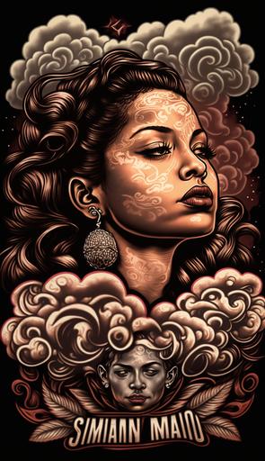 a colored Hand drawn Tattoo stencil , a female Mexican Mafia Member , surrounded by Clouds, Lowrider art by Sal Manzano --ar 9:16