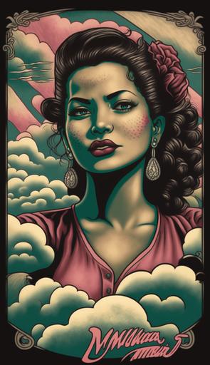 a colored Hand drawn Tattoo stencil , a hyperattractive female Japanese Mafia Member , surrounded by Clouds, Lowrider art by Sal Manzano --ar 9:16