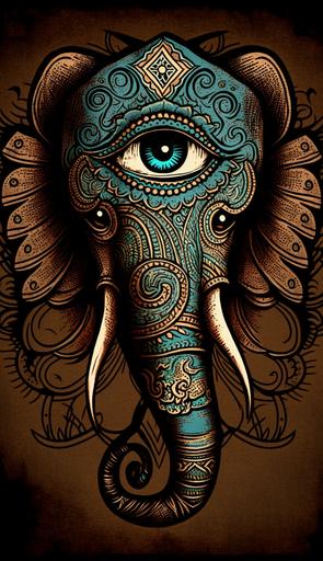 a colored Hand drawn Tattoo stencil , an elephant head with an 