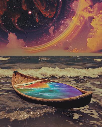 a colored paper plate and canoe with bifrost on the ocean, in the style of post-'70s ego generation, dreamy collages, whitcomb-girls, dadaist photomontage, psychedelic illustration, experimental videos, classic americana --ar 4:5 --v 6.0