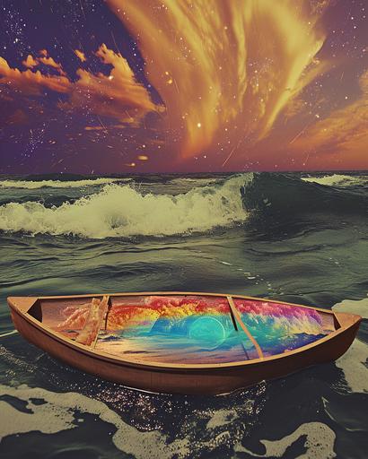 a colored paper plate and canoe with bifrost on the ocean, in the style of post-'70s ego generation, dreamy collages, whitcomb-girls, dadaist photomontage, psychedelic illustration, experimental videos, classic americana --ar 4:5 --v 6.0