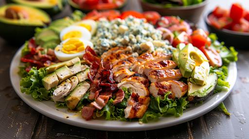 a colorful and appetizing Cobb salad, meticulously arranged on a large elegant white plate. The salad features a base of fresh, crisp lettuce, with juicy grilled chicken pieces spread evenly. Slices of ripe, creamy avocado are interspersed throughout, adding a lush green contrast. Bits of crispy, smoky bacon are scattered on top, along with slices or cubes of juicy, ripe tomatoes. The crumbled blue cheese is evenly distributed, offering a bold, tangy flavor that complements the other ingredients. Perfect slices of hard-boiled eggs adorn the salad, adding a final touch of elegance and richness. The entire creation is a feast for the eyes, showcasing a harmonious blend of textures, colors and flavors, inviting you to dive in and enjoy. shot with Sony Alpha a9 II and Sony FE 200-600mm f/5.6-6.3 G OSS lens, natural ligh, hyper realistic photograph, ultra detailed --ar 16:9