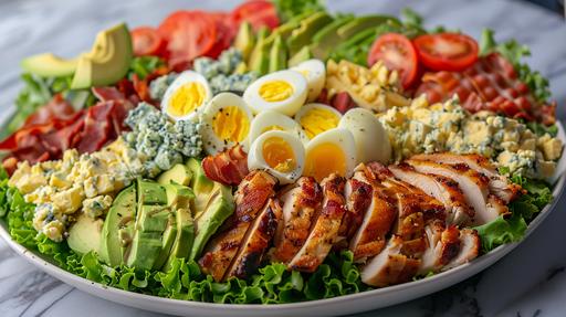 a colorful and appetizing Cobb salad, meticulously arranged on a large elegant white plate. The salad features a base of fresh, crisp lettuce, with juicy grilled chicken pieces spread evenly. Slices of ripe, creamy avocado are interspersed throughout, adding a lush green contrast. Bits of crispy, smoky bacon are scattered on top, along with slices or cubes of juicy, ripe tomatoes. The crumbled blue cheese is evenly distributed, offering a bold, tangy flavor that complements the other ingredients. Perfect slices of hard-boiled eggs adorn the salad, adding a final touch of elegance and richness. The entire creation is a feast for the eyes, showcasing a harmonious blend of textures, colors and flavors, inviting you to dive in and enjoy. shot with Sony Alpha a9 II and Sony FE 200-600mm f/5.6-6.3 G OSS lens, natural ligh, hyper realistic photograph, ultra detailed --ar 16:9