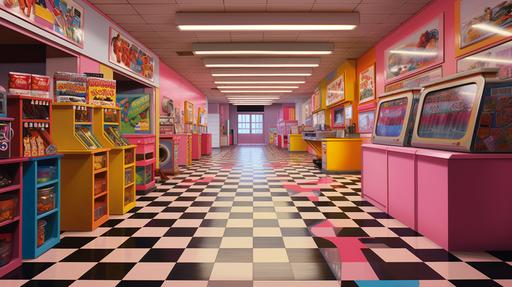a colorful bodega store with a pink and white checkered floor. it's filled with colorful toys. photorealistic. --ar 16:9