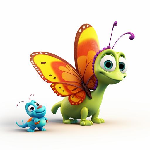a colorful butterfly with a baby caterpillar, cartoon style, disney style, white backround, high quality, 3d rendered