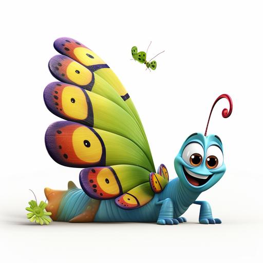 a colorful butterfly with a caterpillar, cartoon style, disney style, white backround, high quality, 3d rendered