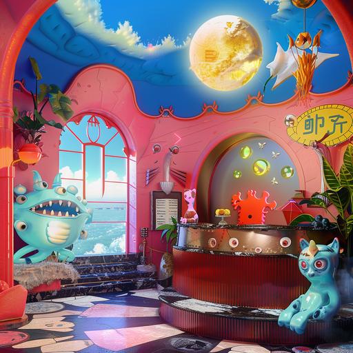a colorful cartoonish hotel reception with fantasy-like items and a friendly monster
