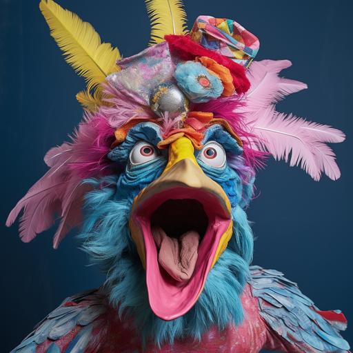 a colorful chicken puppet wearing a bunny ear hat opening it's mouth wide