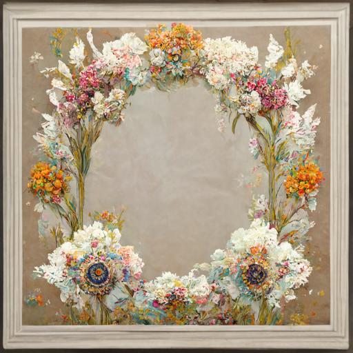 a colorful detailed vintage frame ,detailed chintz pearl white wallpaper with colorful bouquet of flowers, seamless