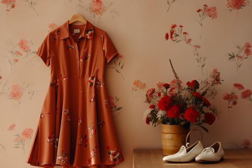 a colorful dress, shoes and accessories, in the style of light brown and red, wallpaper, vacation dadcore, back button focus, floral, minimalistic style, rustic charm --ar 3:2