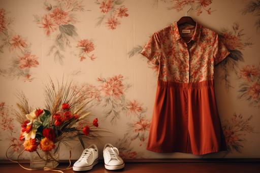 a colorful dress, shoes and accessories, in the style of light brown and red, wallpaper, vacation dadcore, back button focus, floral, minimalistic style, rustic charm --ar 3:2