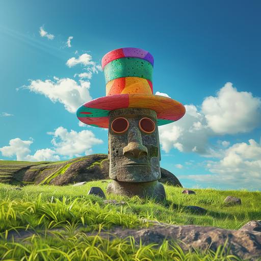 a colorful hat with spin top like ness from super smash bros. On top of a stone head from Easter island. Sunny day, green grass, blue skies, in a field.