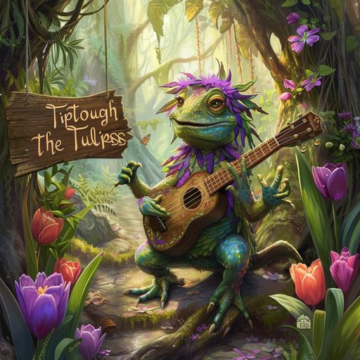 a colorful lizard with shoulder length hair playing a ukulele in an ancient colorful forest with a sign hanging from a branch that says 