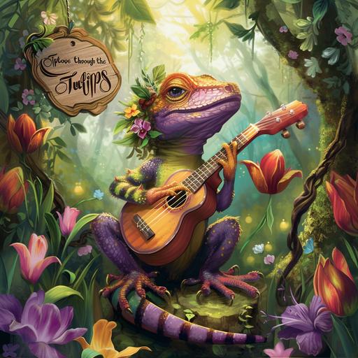 a colorful lizard with shoulder length hair playing a ukulele in an ancient colorful forest with a sign hanging from a branch that says 