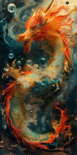 a colorful painting of a loong dragon, metallic spheres, dark yellow and turquoise, water drops, kinetic artwork, colorful layered forms, airbrush art, teal and amber --ar 1:2 --stylize 1000 --v 6.0