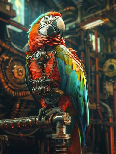 a colorful parrot with some machines, in the style of hyper-realistic science fiction, detailed costumes, space pirate, 32k uhd, metal jewelry, baroque, cryengine, aztec art --ar 3:4 --v 6.0