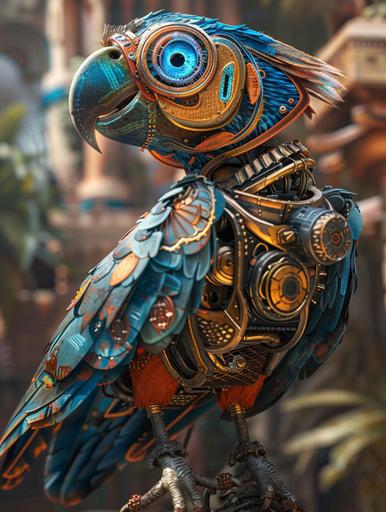 a colorful robot parrot with blue eyes, in the intricate style of steampunk, cryengine, gaston bussière, hyper-realistic animal illustrations, 32k uhd, space pirate, animal representations, aztec art --ar 3:4 --v 6.0