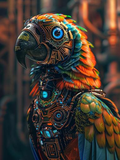 a colorful robot parrot with blue eyes, in the intricate style of steampunk, cryengine, gaston bussière, hyper-realistic animal illustrations, 32k uhd, space pirate, animal representations, aztec art --ar 3:4 --v 6.0