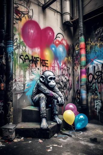 a colorful sad monkey sitting by a well while licking its paws with graffiti painted in the wall behind colorful balloons in the style of Banksy, --ar 2:3 --q 2 --v 5