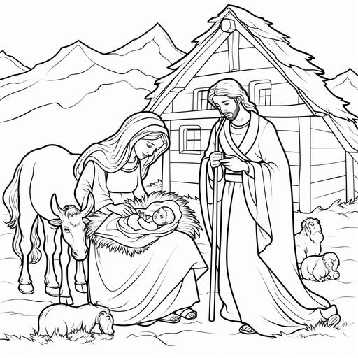 a coloring book line drawing of a manger with mary, baby jesus, farm animals. Cartoon style