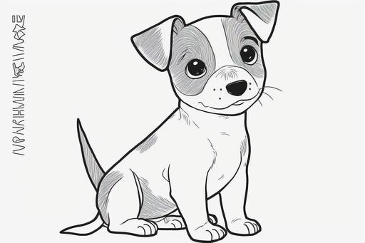 a coloring book page for kids, line drawing art in the kawaii style, of a Jack Russell Terrier puppy sitting, cute, sweet, white background, black and white only, no colors, no greyscale, simple drawing, --stylize 1000 --ar 3:2 --q 2