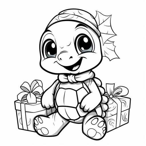 a coloring bookpage of Christmas Day for kids of pretty turtle black and white, cute, disney style, minimalism, clean lines. --v 5.2